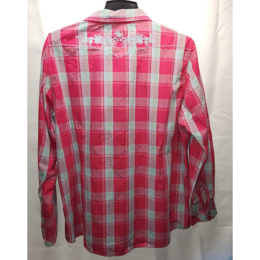 Women's Country Chic Bit & Bridle Long Sleeve Pink Plaid Rodeo Medium Shirt - Picture 5 of 6